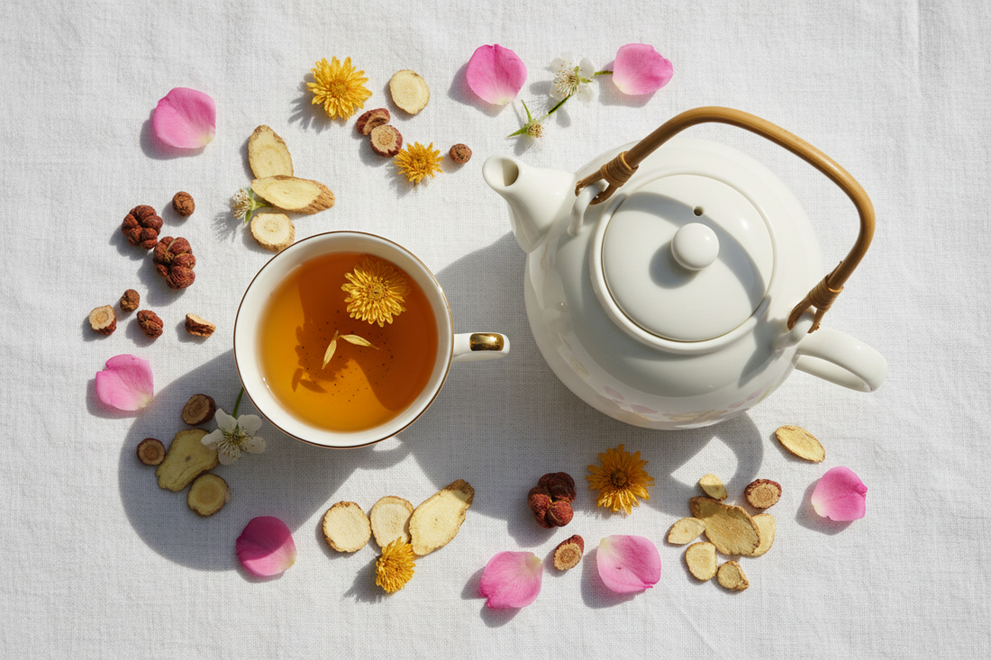 Qingming Ching Ming herbal tea flat lay with rose petals, chrysanthemum flowers and codonopsis root in white ceramic teacup on linen cloth