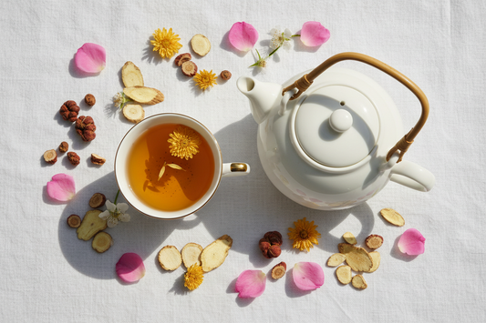 Qingming Ching Ming herbal tea flat lay with rose petals, chrysanthemum flowers and codonopsis root in white ceramic teacup on linen cloth