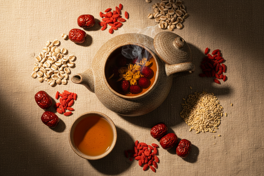 ashu great heat herbal tea flat lay with roasted Job's tears, red jujube dates, goji berries and barley in rustic ceramic teapot on linen cloth