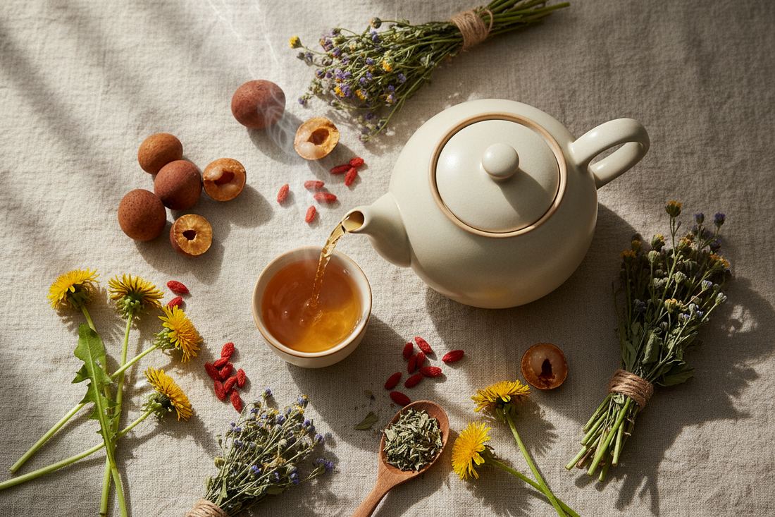 Lixia beginning of summer herbal tea flat lay with longan, goji berries and codonopsis root in ceramic teapot on linen cloth