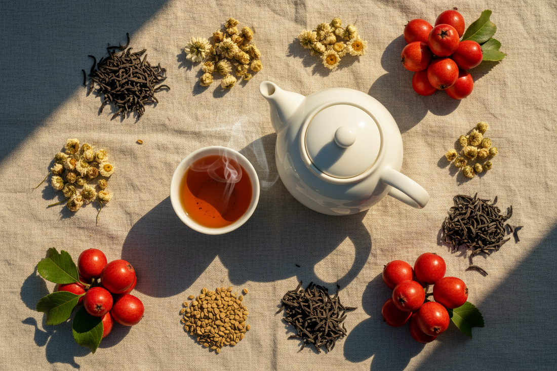 Xiaoshu herbal tea flat lay with cassia seeds, self-heal spikes, chrysanthemum and hawthorn berries for summer heat relief