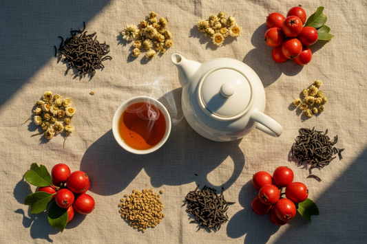 Xiaoshu herbal tea flat lay with cassia seeds, self-heal spikes, chrysanthemum and hawthorn berries for summer heat relief