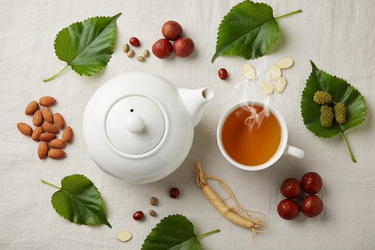 Chunfen spring equinox herbal tea flat lay with almonds, mulberry leaves, longan and American ginseng in white ceramic teapot on linen cloth